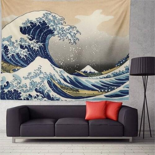 Retro Japanese Style Tapestry Kanagawa Surfing Wall Hanging Carpet Hippie Colorful Ukiyo-E Vintage Art Blanket Travel Beach Yoga