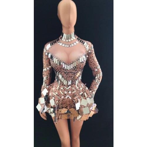 Sexy mirror dress Silver sparkling Sequins rhinestones dress sexy female singer dancer stage costume