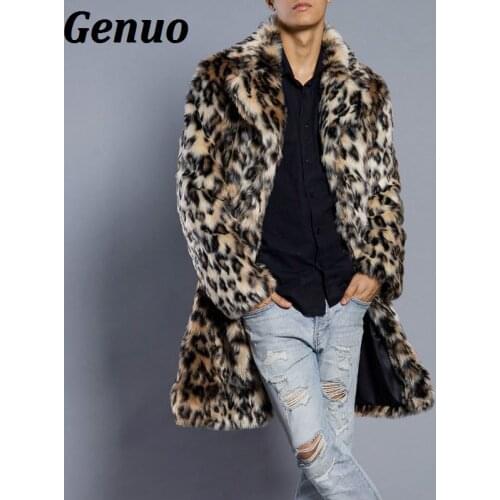 Genuo Men Leopard Print Fur Coat Winter Outwear Thick Coat Men Casual Parka Jackets Warm Long Overcoats Streetwear Clothing