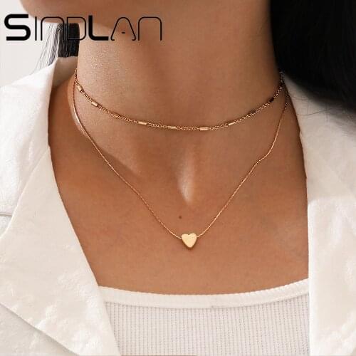 Sindlan 2Pcs Simple Metal Gold Heart Pendant Necklace Set for Women Charm Geometric Choker Female Sexy Neck Jewelry Gift Collar