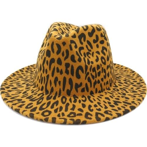 Unisex Leopard Print Fashionable Flat Brim Wool Felt Jazz Fedora Hats Party Stage Hat Panama Fascinator Trilby Cap for Men Women