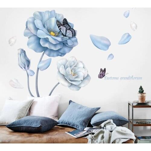 126*86cm Large Blue Flower Wall Stickers for Living room Bedroom Sofa Background Butterfly Vinyl Wall Decal Eco-friendly Mural