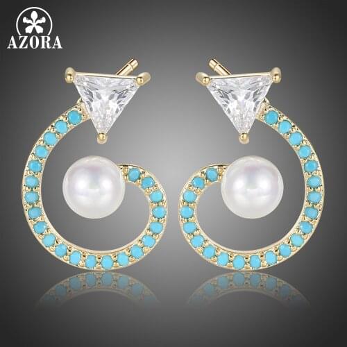 AZORA Fashion Cute Fox Tail Shape Blue Resin Stud Earring for Women Party with Clear Cubic Zirconia Pearl Fashion Jewelry TE0386