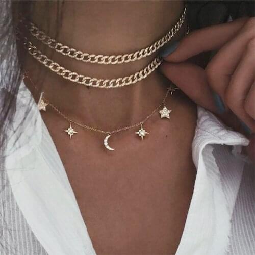 Bohemia Gold Color Chains Multilayer Necklace with Star Moon Crystals Charm Pendant Necklace for Women Bridal Party Neck Collar