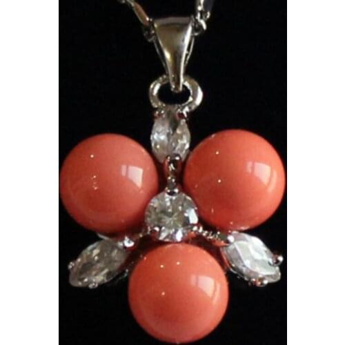 Womens fashion silver plated metal micro inlaid white zircon + Coral Pink Shell Pearl Pendant Necklace