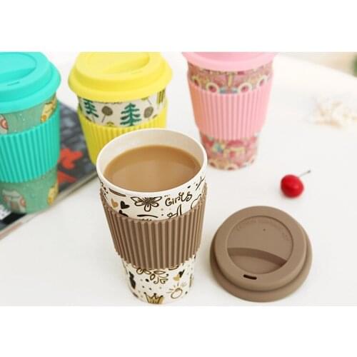 50pcs Eco-friendly Bamboo Fiber Coffee Cup with Reusable Silicone Lid and Sleeve Drinks Cup Travel Gift fashion