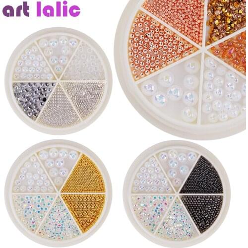 6 Grids Nail Art Tiny Steel Caviar Beads Pearl Mixed Design White Golden AB Rhinestones Flatback Jewelry Manicure DIY Decoration