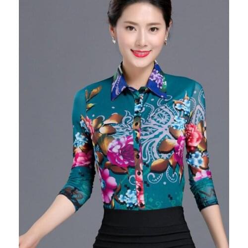 Spring 2018 New Womens Floral Pattern Printed 4XL Stretch Full Sleeve Mesh Blouse Shirt , Fall Fashion Female Women Slim Blouses