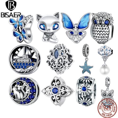 BISAER 925 Sterling Silver Blue Charm Starfish Dreamcatcher Beads Fit DIY Original Bracelet Pendants Jewelry Ocean Pearl Charms