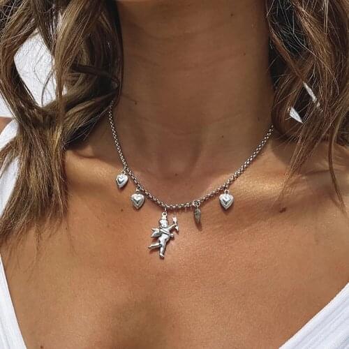 YC-UPGO New 2020 Fashion Silver Color Cupid Heart Pendant Necklaces For Women Simple Geometry Chain Female Necklace Jewelry Gift