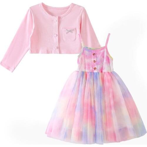 Toddler Kids Baby Girl Autumn Dress Cotton Long Sleeve Top +Rainbow Color Sling Dress Party Casual Dress Childrens Clothing