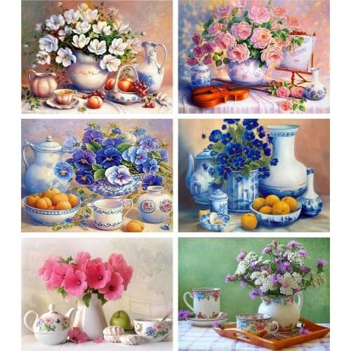 Huacan 5d Diamond Embroidery Cross Stitch Flower Pansy Full Square Diamond Painting Mosaic Vase Rose Needlework