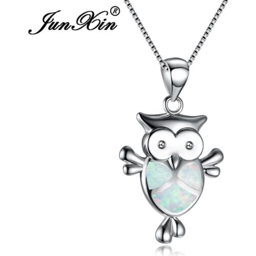 JUNXIN Cute Silver Color Animal Jewelry Mystic Ocean Blue/White Fire Opal Owl Pendants & Necklaces For Women Gifts