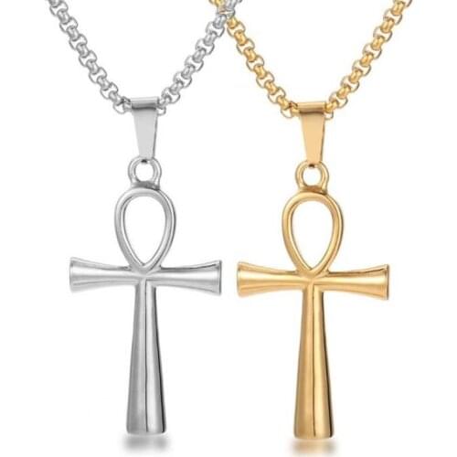 Classic Punk Stainless Steel Gold Plated Polished Mysterious Ancient Egyptian Cross Pendant Necklace Charm Amulet Jewelry