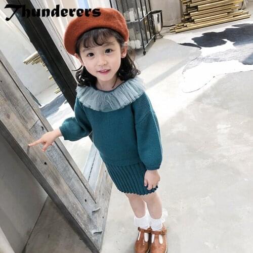 Thunderers Spring Autumn Kids Clothing Set For Girls Long Sleeve Sweater Vest Knit Girl 2pcs Outfits With Lace Lapel 3T-10T