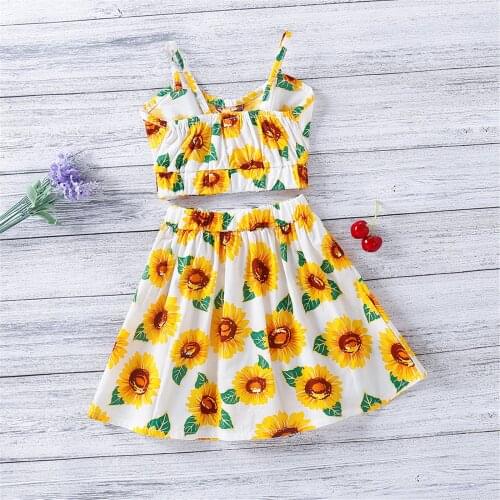 Toddler Baby Girls Clothing Set Sunflower Print Sleeveless Sling off shoulder Tops and Skirts Two-piece Summer casual Suit