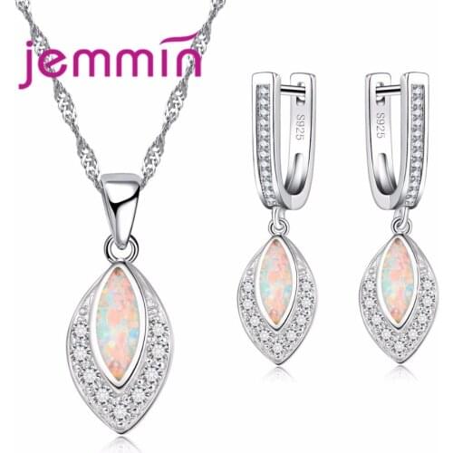 Elegant Women Female 925 Sterling Silver Necklace Earrings Set With Water Drop AAA Opal Party Wedding Jewelry Set