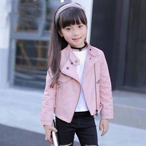 Girls Pu Jacket Rivet Zipper Cool Jacket Leather Clothing for Girls 5-13 Old Classic Collar Zipper Leather Motorcycle Clothing