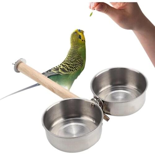 Legendog 1pc Bird Cage Bowl Set Creative Double-Bowl Parrot Cup Food Water Bowl With Perch Pet Feeding Supplies