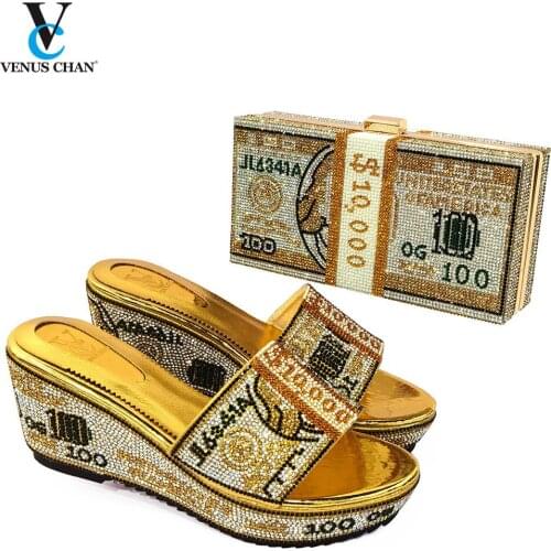 Lasteat Summer Golden Color Italian 2021 Design Nigerian Shoes and Bag Decorated With Rhinestone Slippers