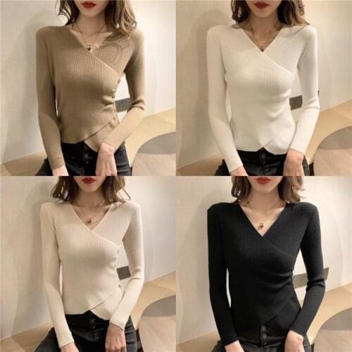 Hot-Selling Fashion Popular Womens Autumn New Long-Sleeved Cross V-Neck Pullover Slim Looking Thin Sexy Solid Color Wild Base