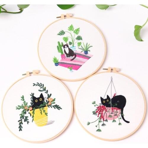 DIY Embroidery Set Flowers Plants Cat Pattern Handmade Cross Stitch Needlework Tools For Beginners Home Sewing HandCrafts Kit