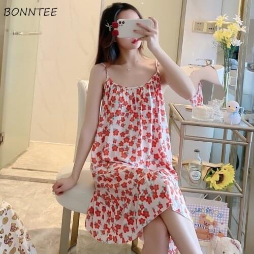 Nightgowns Women Sleeveless Kawaii Simple Maiden Sleepwear Comfortable Ruffles Home Night Thin Floral Student Popular Basic Chic