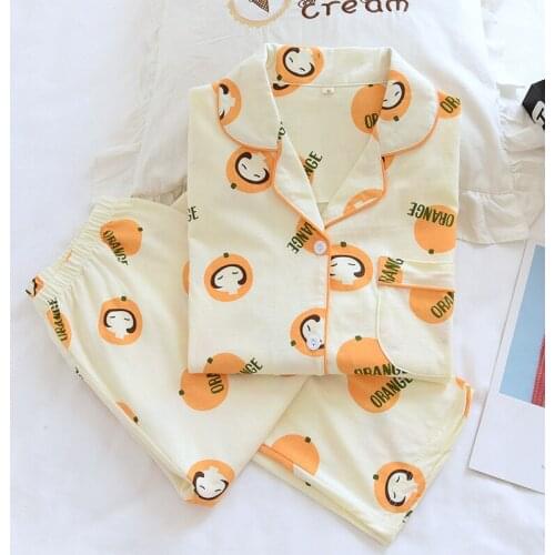 Japanese spring and autumn new ladies cotton crepe cloth long-sleeved trousers pajamas large size loose home service suit summer