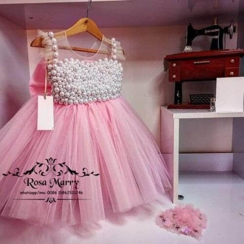 Pink Pearls Pageant Flower Girls Dresses for Weddings 2021 vestido de festa Toddlers First Communion Prom Birthday Pary Gowns