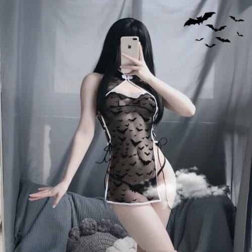 Sexy Lingerie Sleepwear Women Thin Lace Transparent Attraction Cheongsam Dress Black Bat Mesh Babydoll Cosplay Costumes