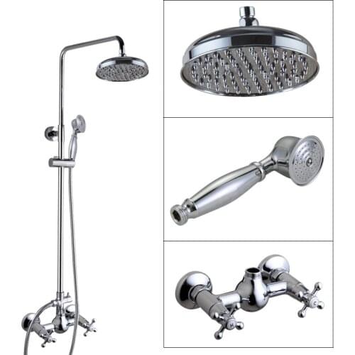 Bathroom Dual Cross Handles Polished Chrome Wall Mount 8" Rain Shower Faucet Set with Hand Spray Mixer Tap acy305