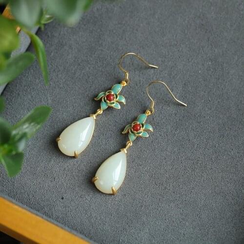 Vintage Sterling Silver Earrings Classical Chinese Style with Hanfu Ancient Chinese Style Magnolia Drop-Shaped Hetian Jade Earri