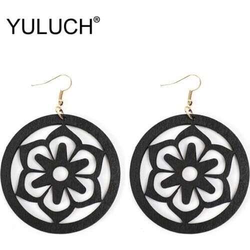 YULUCH Round Wood Hollow Flower Dangle Earrings Fashion Jewelry For Women Wedding Party Persoanlity Black Red Wood Drop Earrings