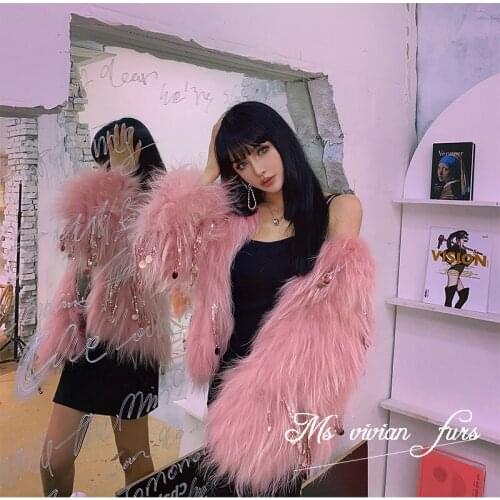 RosEvans Ins Elegant Real Import Raccoon Woven Fur Jacket Female Women Coat and Jackets 2020 New Fox Fur Sequins Tassel High End