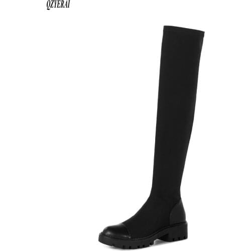 QZYERAI Over knee boots New style Genuine leather Female boots Womens boots black cowhide Womens shoes Size 34-40