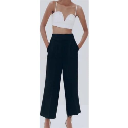 MESTTRAF Women 2021 Fashion Side Pockets Office Wear Wide Leg Pants Vintage High Waist Zipper Fly Female Trousers Streetwear