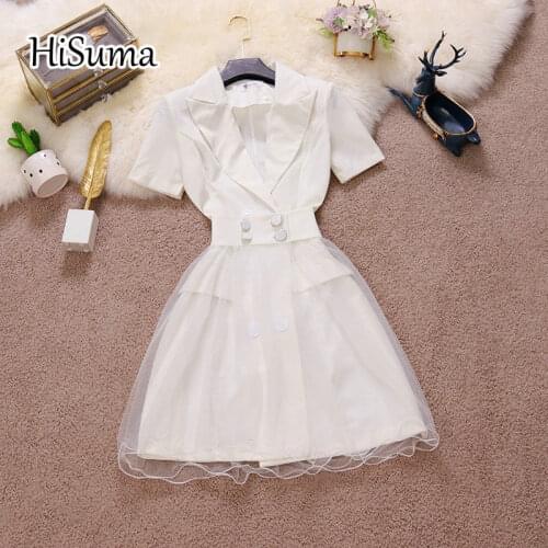 2021 summer new women Notched double breasted A-line dress + high waist mesh puff skirt suit female two piece sets