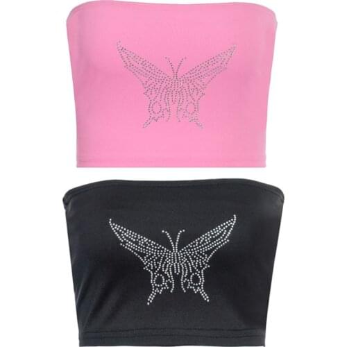 Women Sexy Strapless Bandeau Bra Glitter Butterflies Hot Drilling Rhinestone Wrapped Chest Tube Top Bustier Clubwear Beach Party