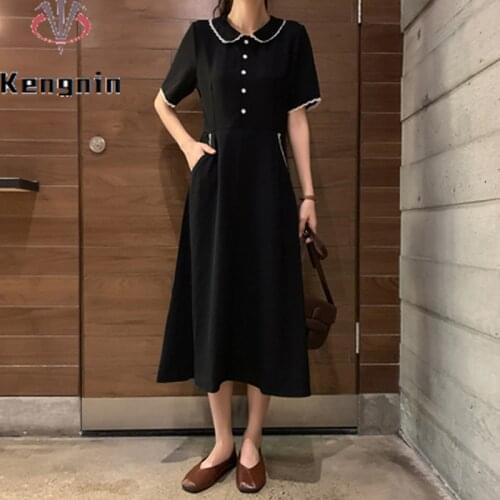 Oversized Women Midi Dress 2021 Summer Black Color Female Casual Robe Dresses Simple Peter Pan Collar Ladies Vestidos KE1160