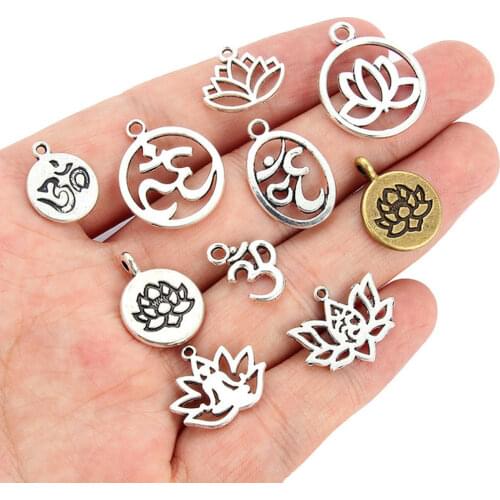 10pcs/lot Mix Styles Tibetan Silver Lotus Flower Yoga OM Charm Pendants Jewelry Accessories Bracelet DIY Jewelry Findings