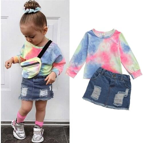 2020 Fashion Infant Baby Girls Clothes Sets Print Long Sleeve T Shirts Tops+Denim Skirts 2pcs