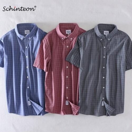 2021 Schinteon Men Summer 100% Cotton Shirt Short sleeved Smart Casual Slim Plaid Comfortable Shirt Turn-down Collar New
