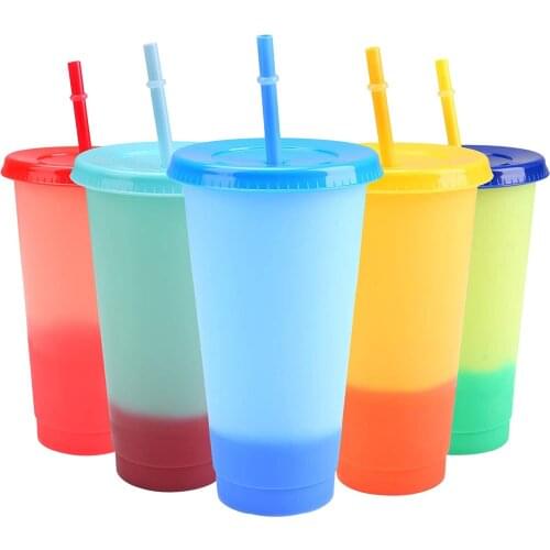 5PCS Plastic Straw Cup Reusable Color Changing Cold Drink Cup Travel Mug Coffee Water Cup With Lid Straw Bar Beer Cup BPA Free