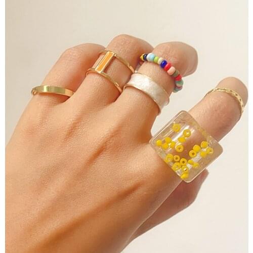 6 Pcs/Set Sweet Trendy Colourful Transparent Resin Fruit Rings for Women Fashion Cute Geometric Beads Rings Set Jewelry Gifts