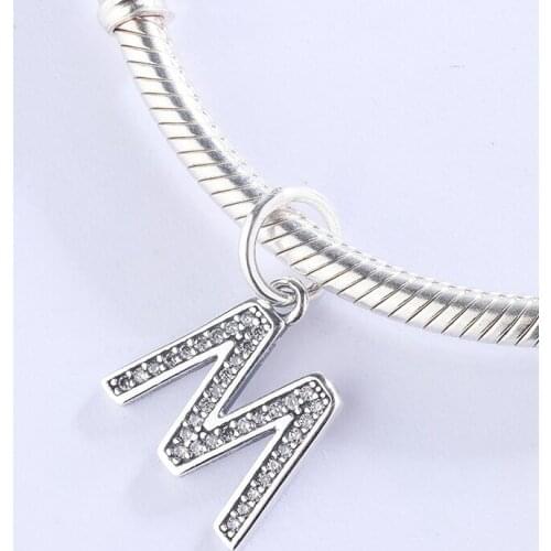 High Quality Crystal CZ Beads Letter M 925 Sterling Silver Charms Fit Original European Bracelet Necklace Jewelry Making