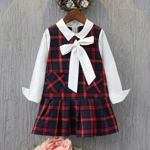 Spring Autumn Girl Dress Kids Children Dress Girls Plaid Dress Soft Cotton Bownot Princess Dresses Long Sleeve Baby Girls Clothe