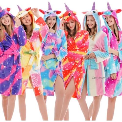 Womens Bathrobe Unicorn Robe for Adults Flannel Bath Robe Femme Dressing Gowns Nightgowns Kigurumi Animal Pajamas Sleepshirts