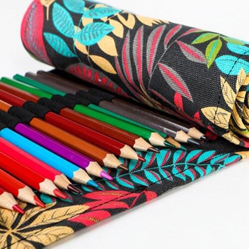 Tree Leaf 12/24/36/48/72 Holes Canvas Roll Pen Curtain Pencil Bag Case Makeup 24BB
