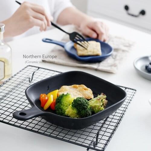 Nordic Ceramic Baking Plate with Handle Round Square Tableware for Bread Dessert Breakfast Salad Steak Pasta Creative Design