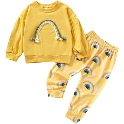 0-3 Years Toddler Baby Clothes 2Pcs Autumn Outfits Long Sleeve Crew Neck Rainbow Pullover Tops + Elastic Waist Print Pants Set